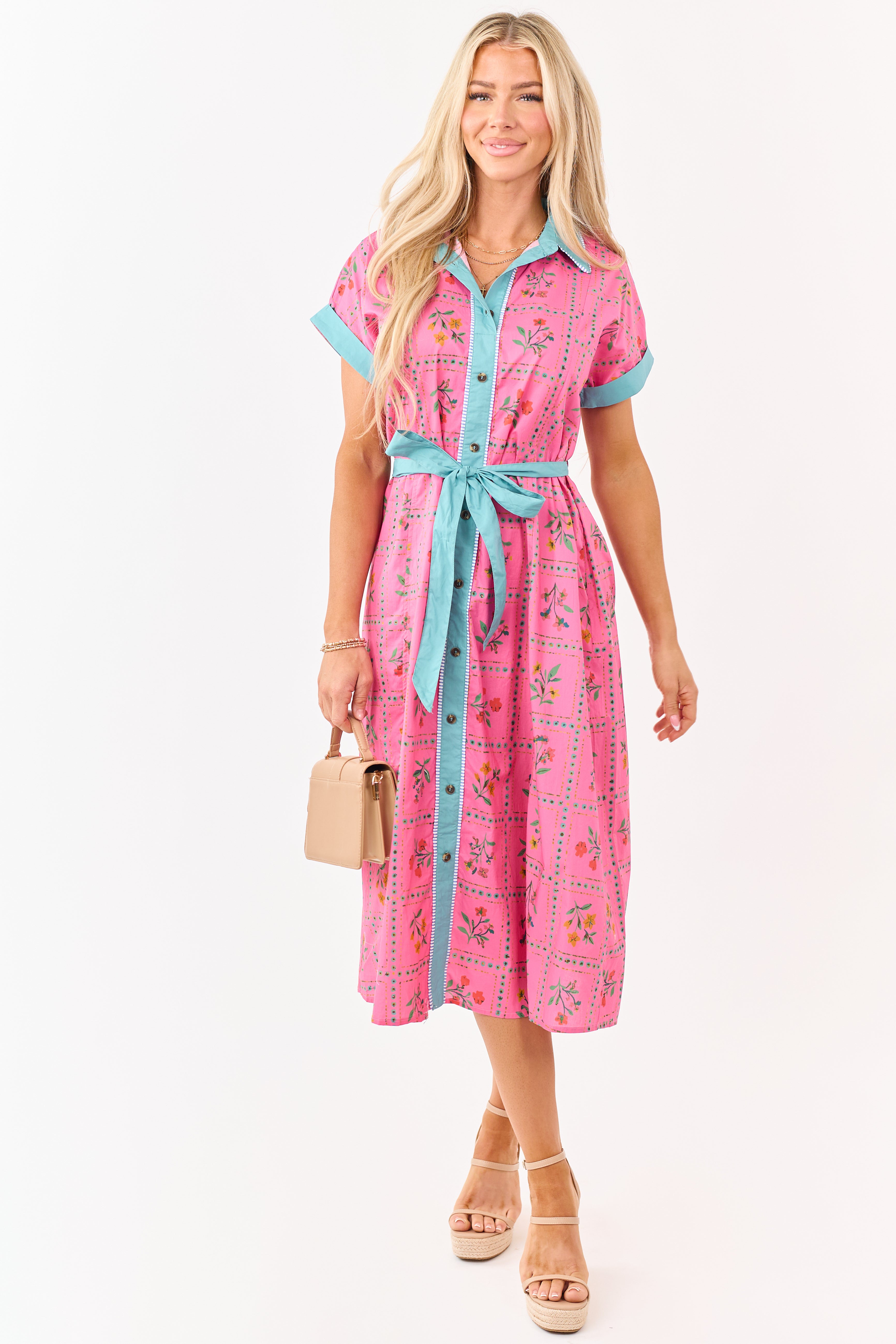 Raspberry Cotton Floral Faux Button Down Midi Dress