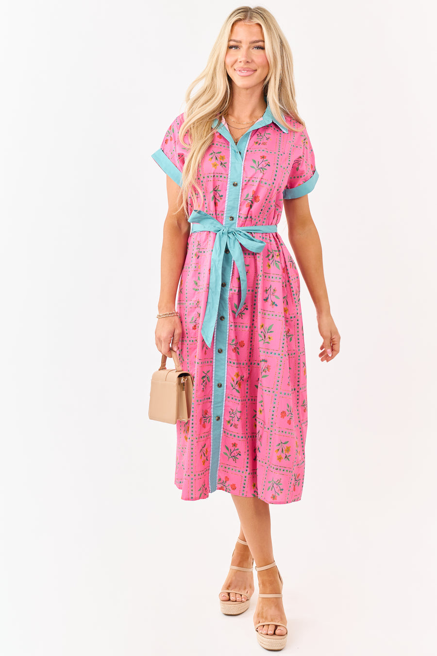 Raspberry Cotton Floral Faux Button Down Midi Dress