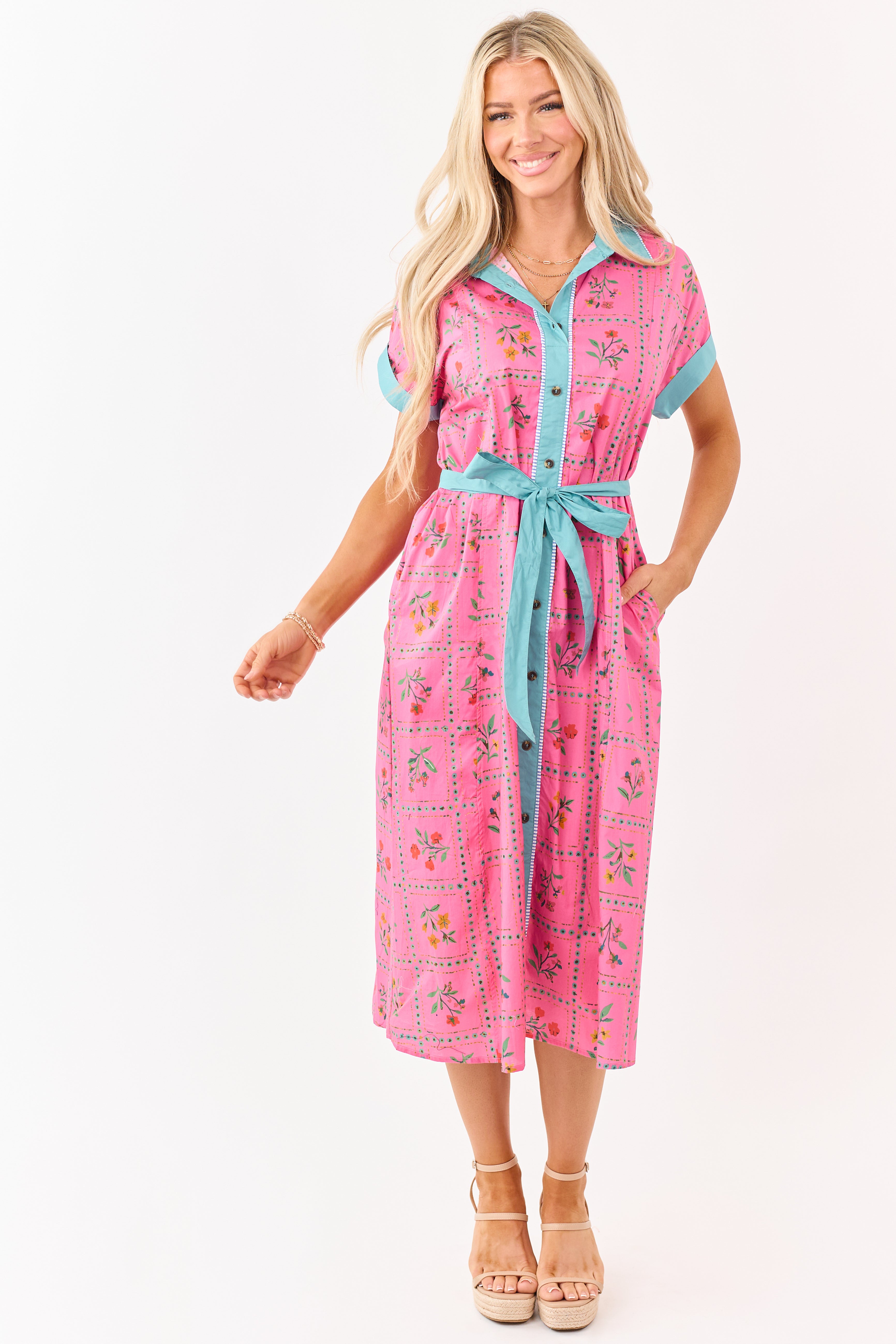 Raspberry Cotton Floral Faux Button Down Midi Dress