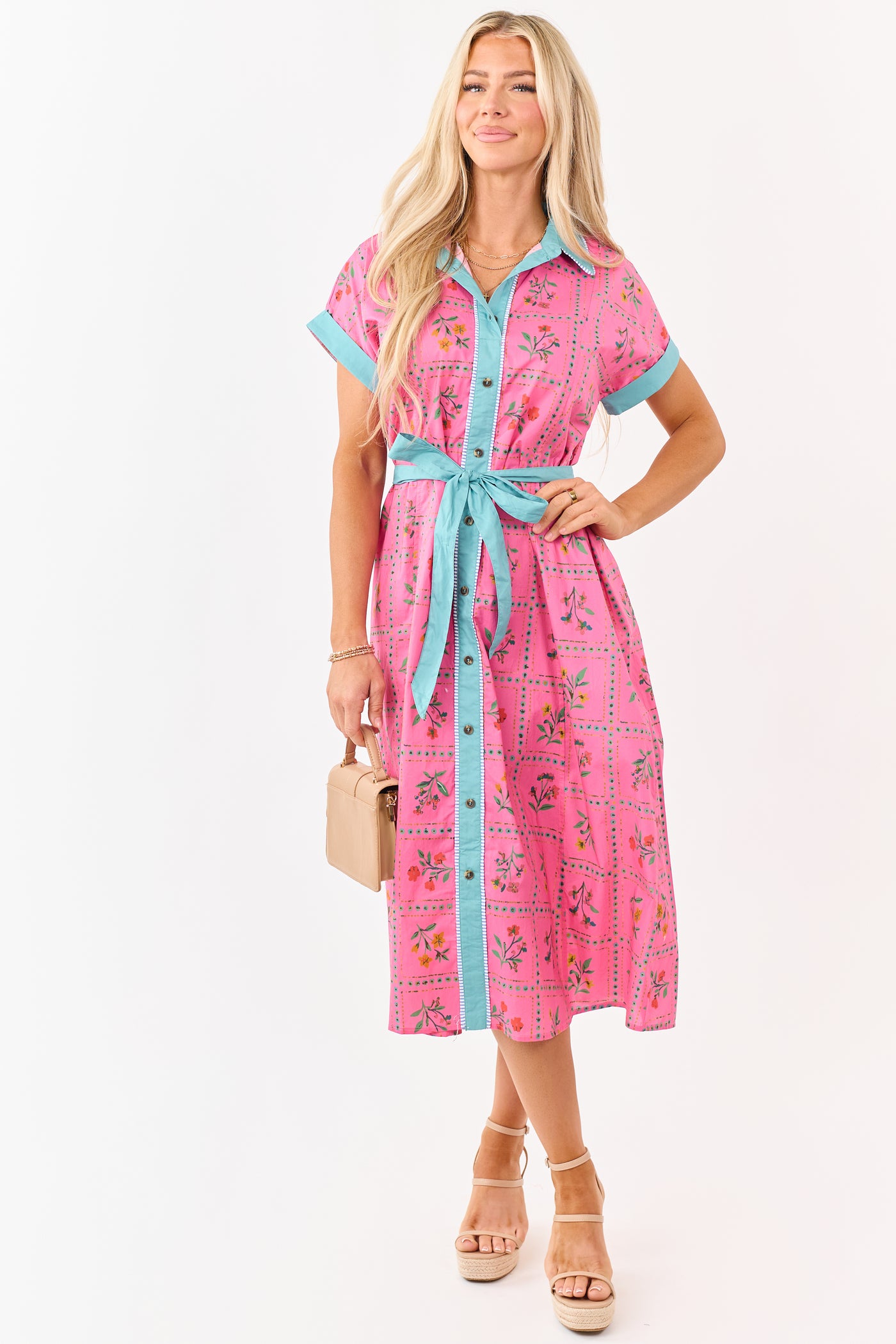 Raspberry Cotton Floral Faux Button Down Midi Dress