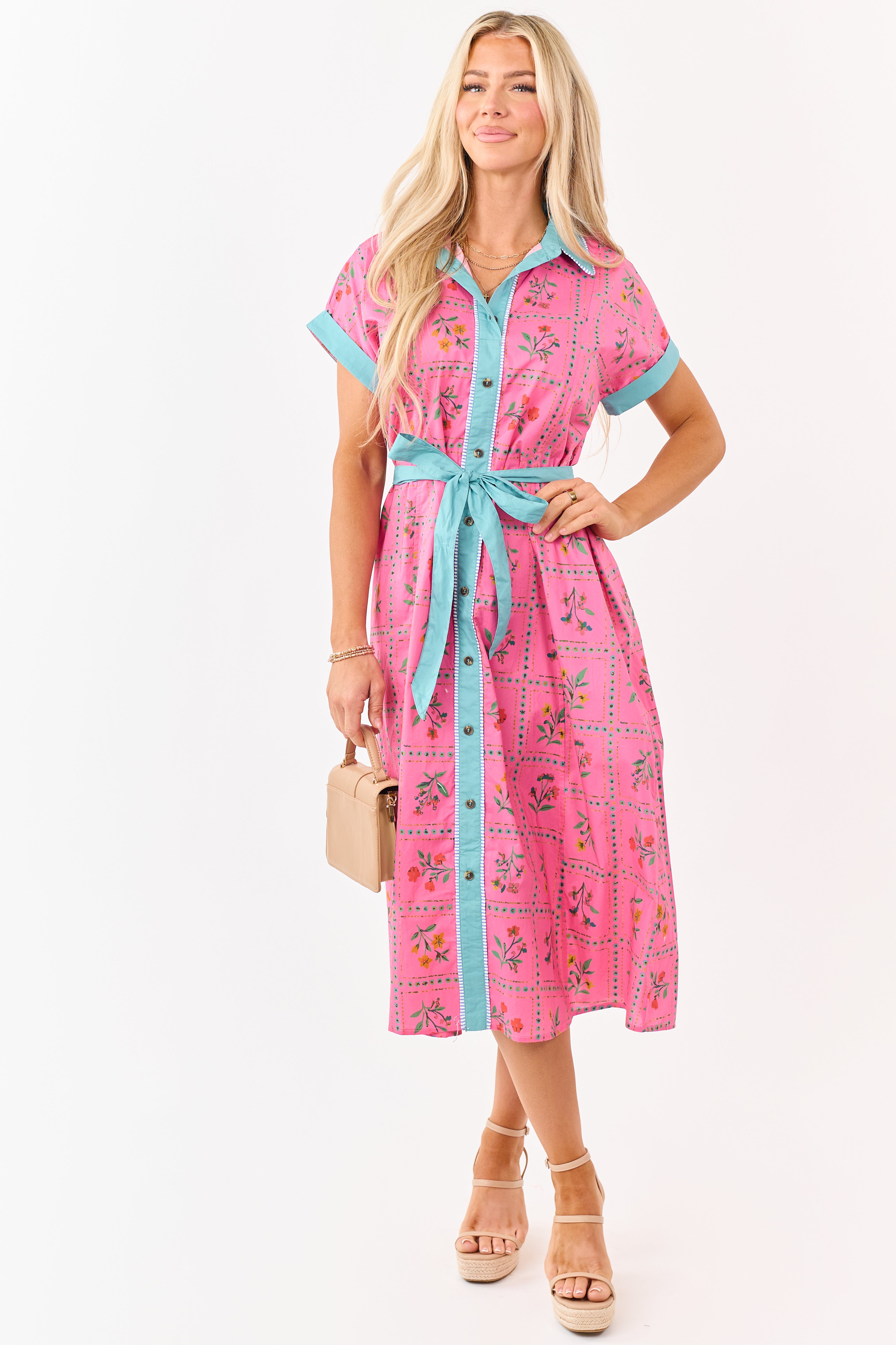 Raspberry Cotton Floral Faux Button Down Midi Dress