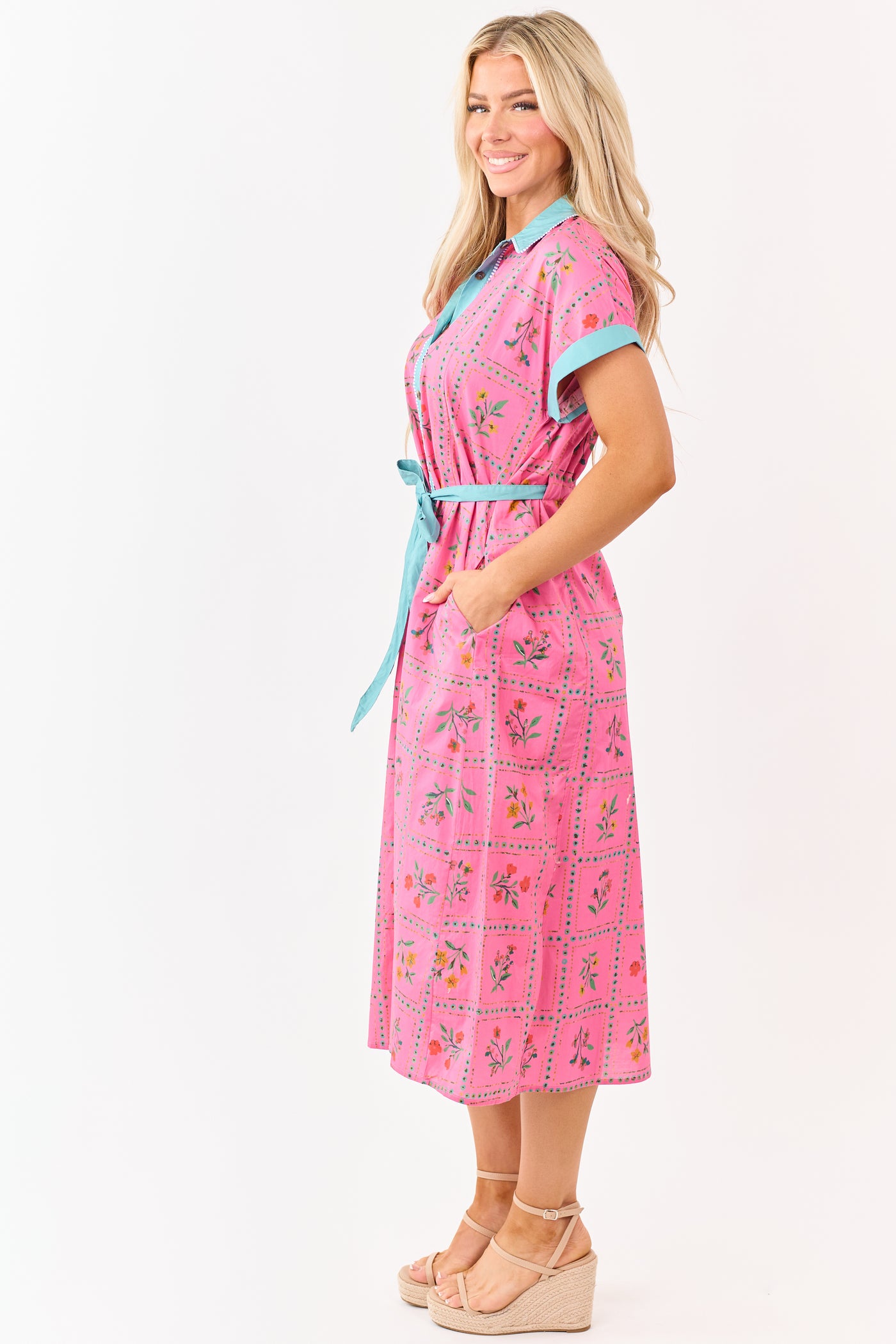 Raspberry Cotton Floral Faux Button Down Midi Dress