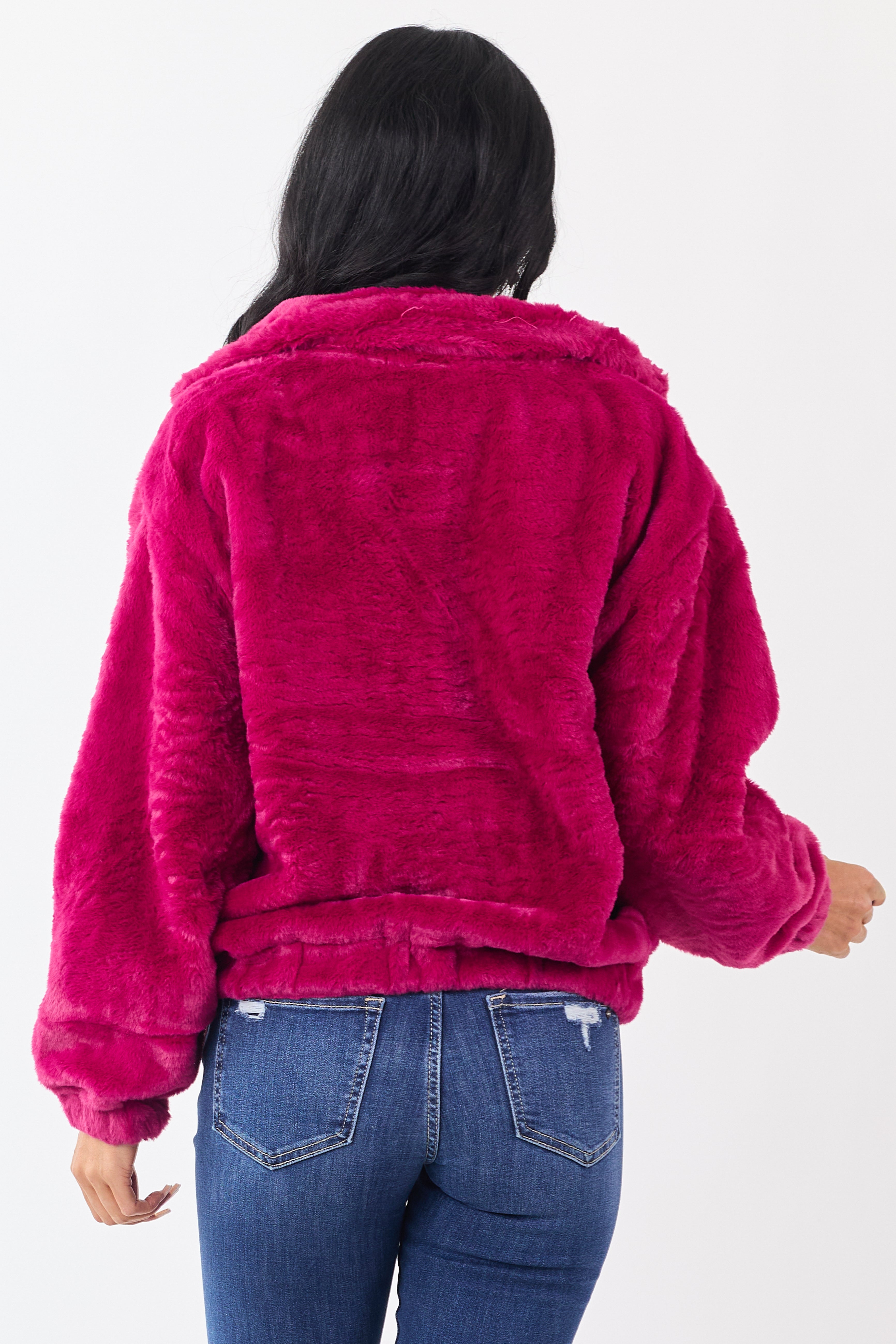Raspberry Faux Fur Zip Up Collared Jacket