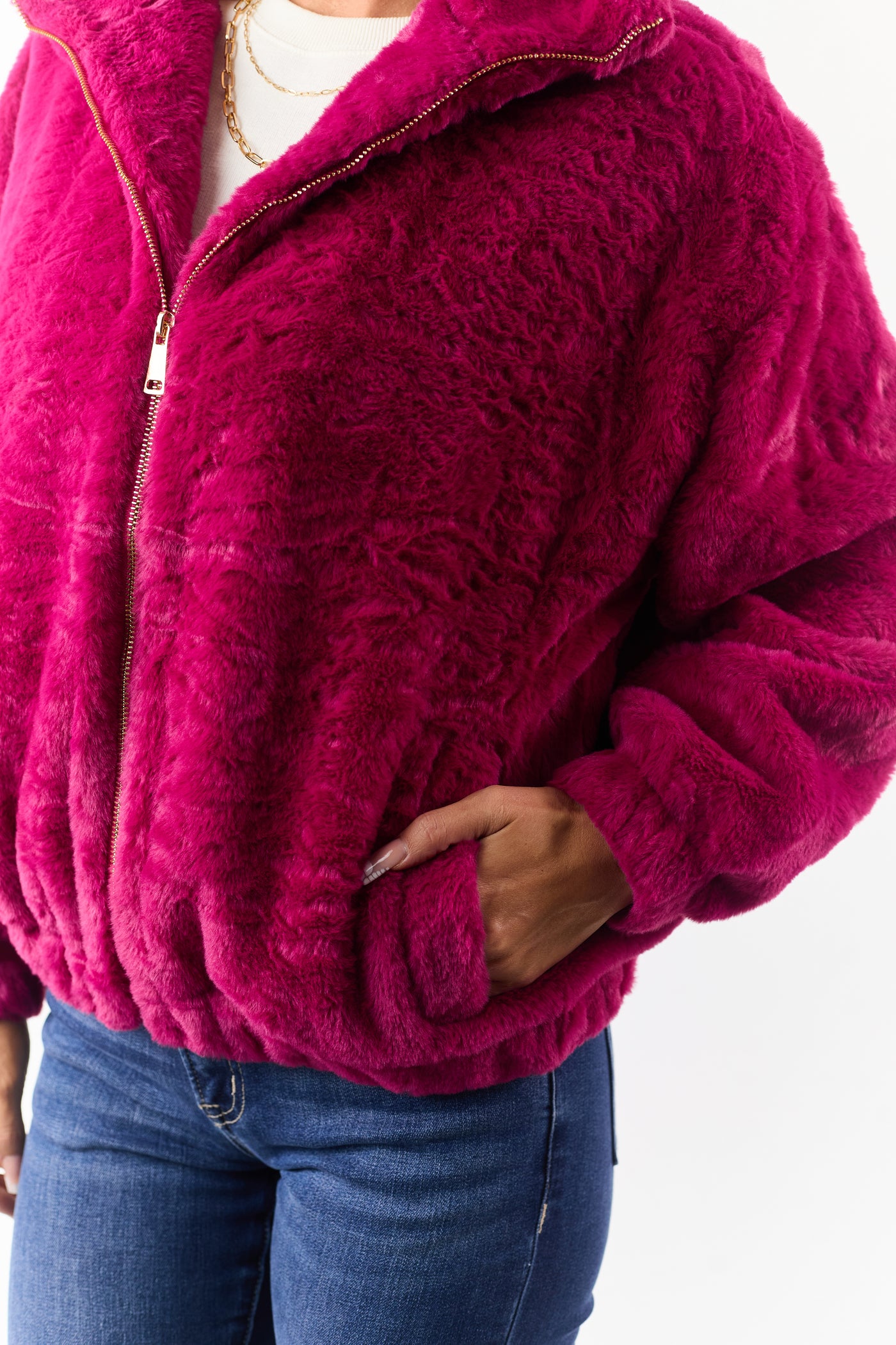 Raspberry Faux Fur Zip Up Collared Jacket