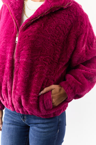 Raspberry Faux Fur Zip Up Collared Jacket
