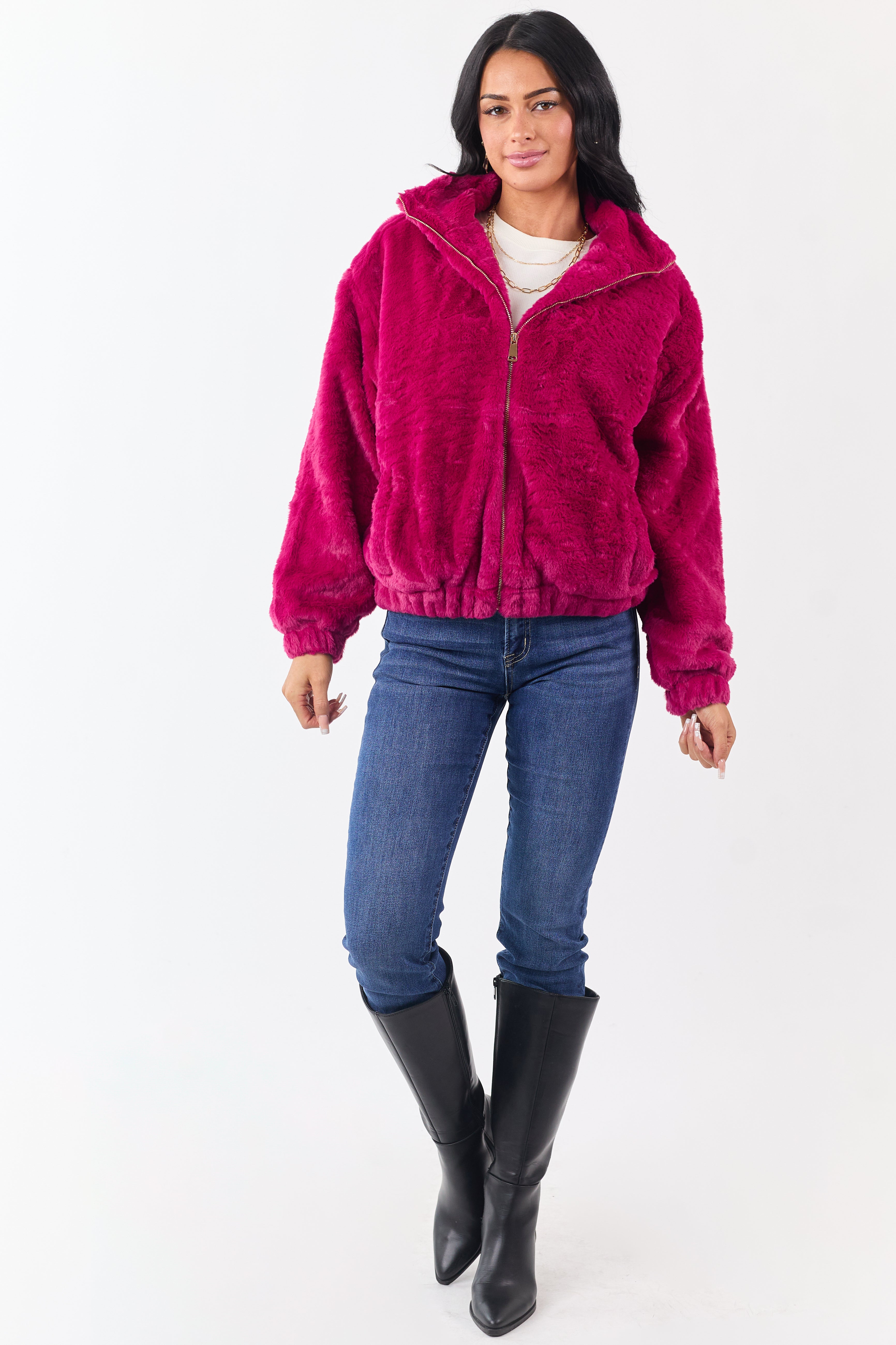 Raspberry Faux Fur Zip Up Collared Jacket | Lime Lush Boutique