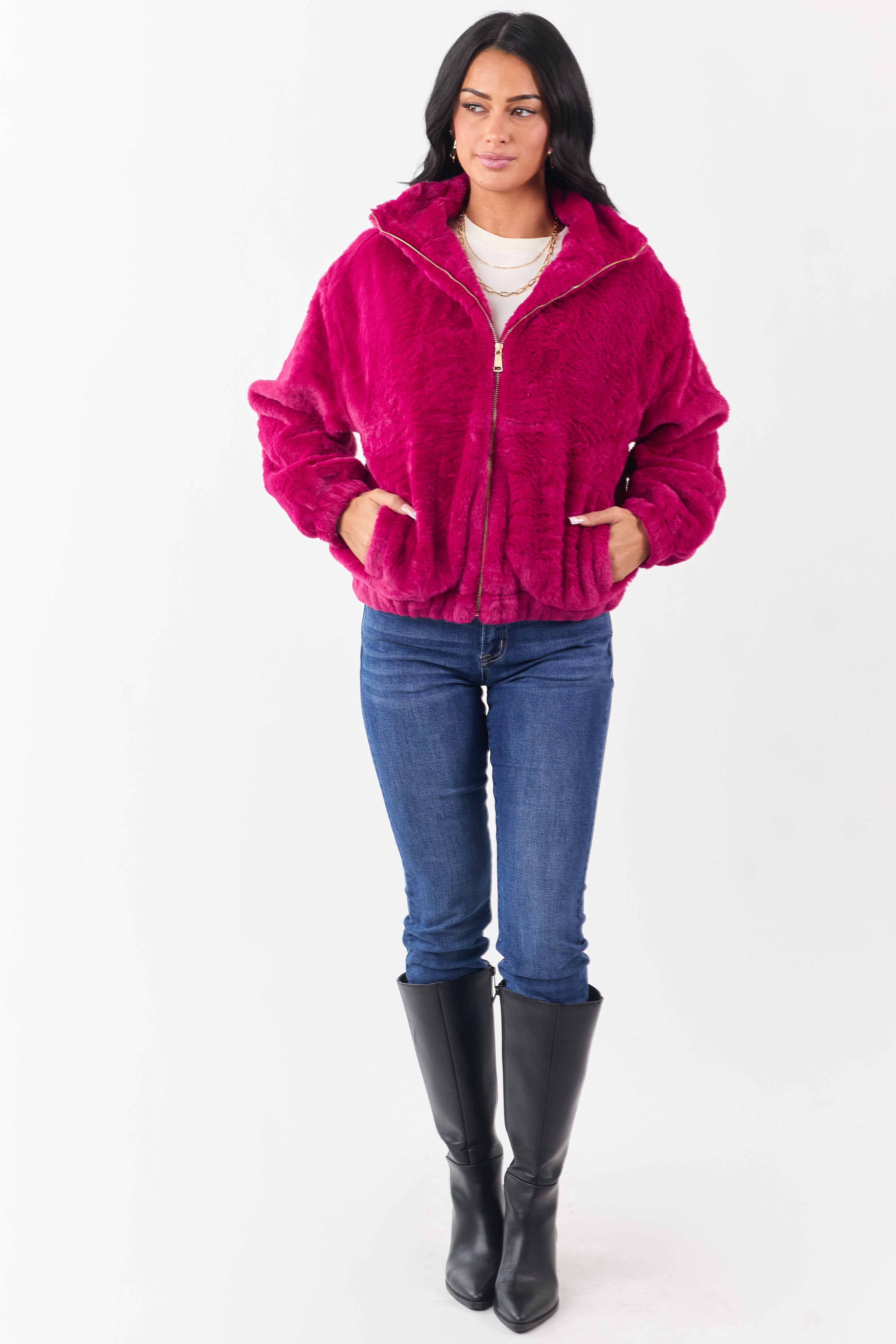 Raspberry Faux Fur Zip Up Collared Jacket | Lime Lush Boutique