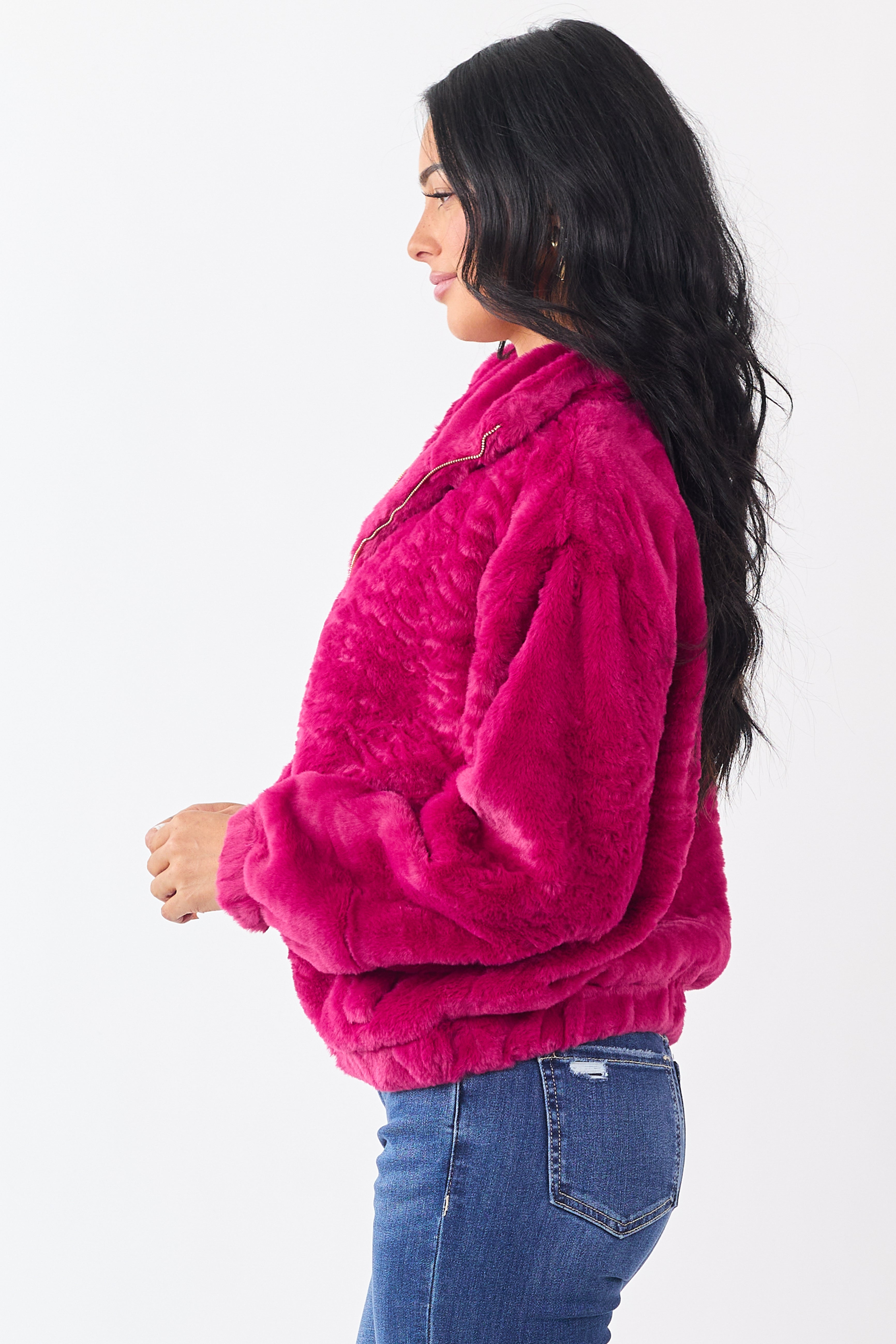 Raspberry Faux Fur Zip Up Collared Jacket
