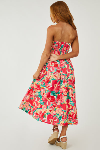 Raspberry Floral Print Strapless Midi Dress