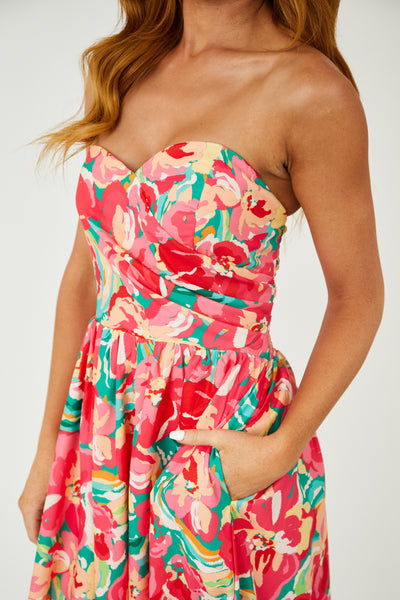 Raspberry Floral Print Strapless Midi Dress