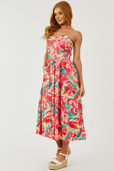Raspberry Floral Print Strapless Midi Dress
