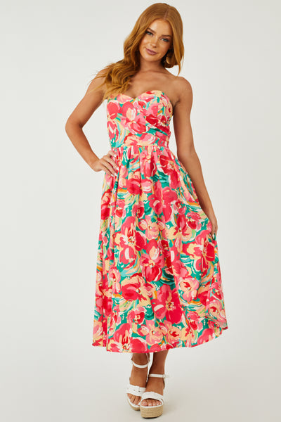 Raspberry Floral Print Strapless Midi Dress