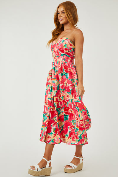 Raspberry Floral Print Strapless Midi Dress