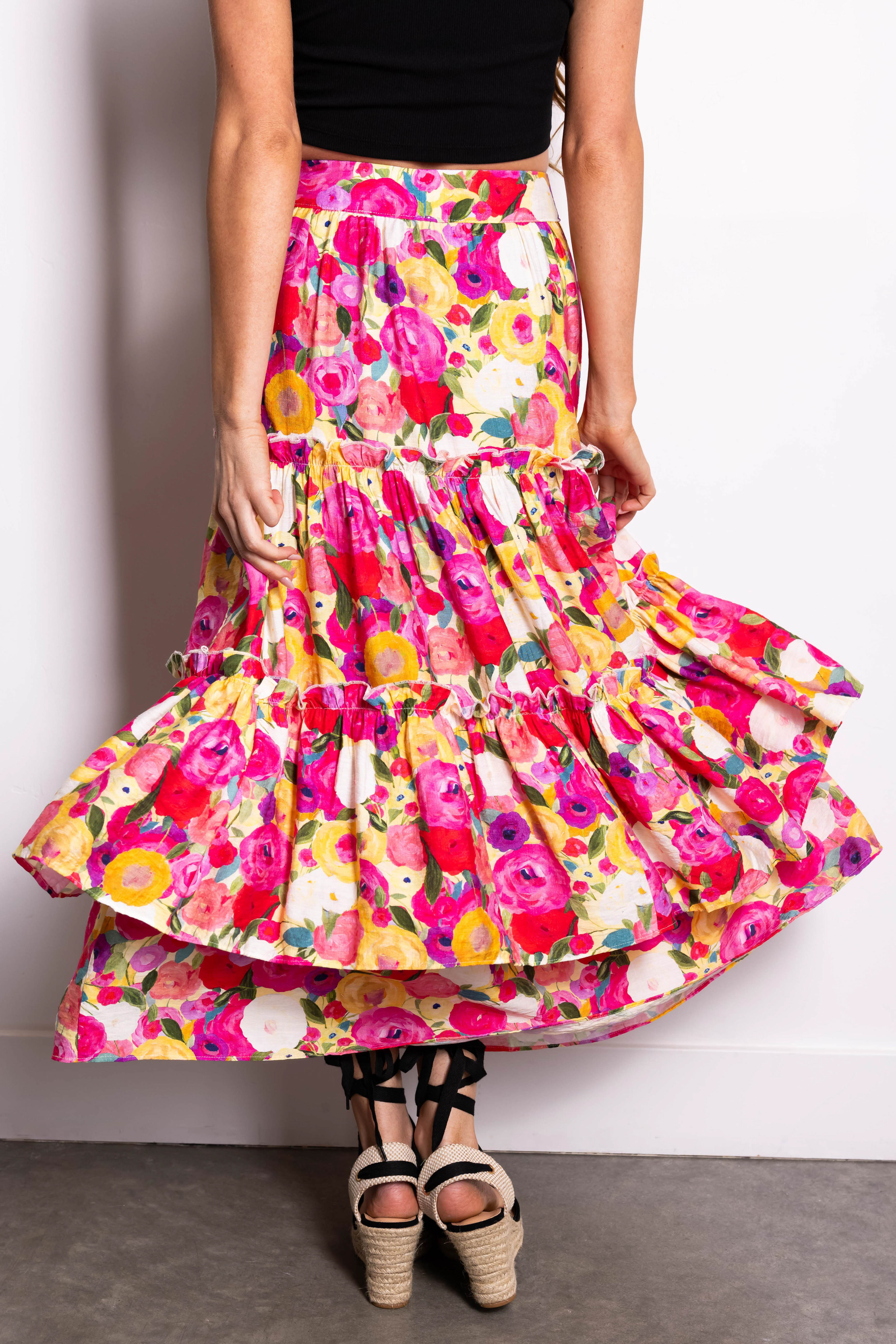 Raspberry Floral Print Tiered Maxi Skirt | Lime Lush Boutique