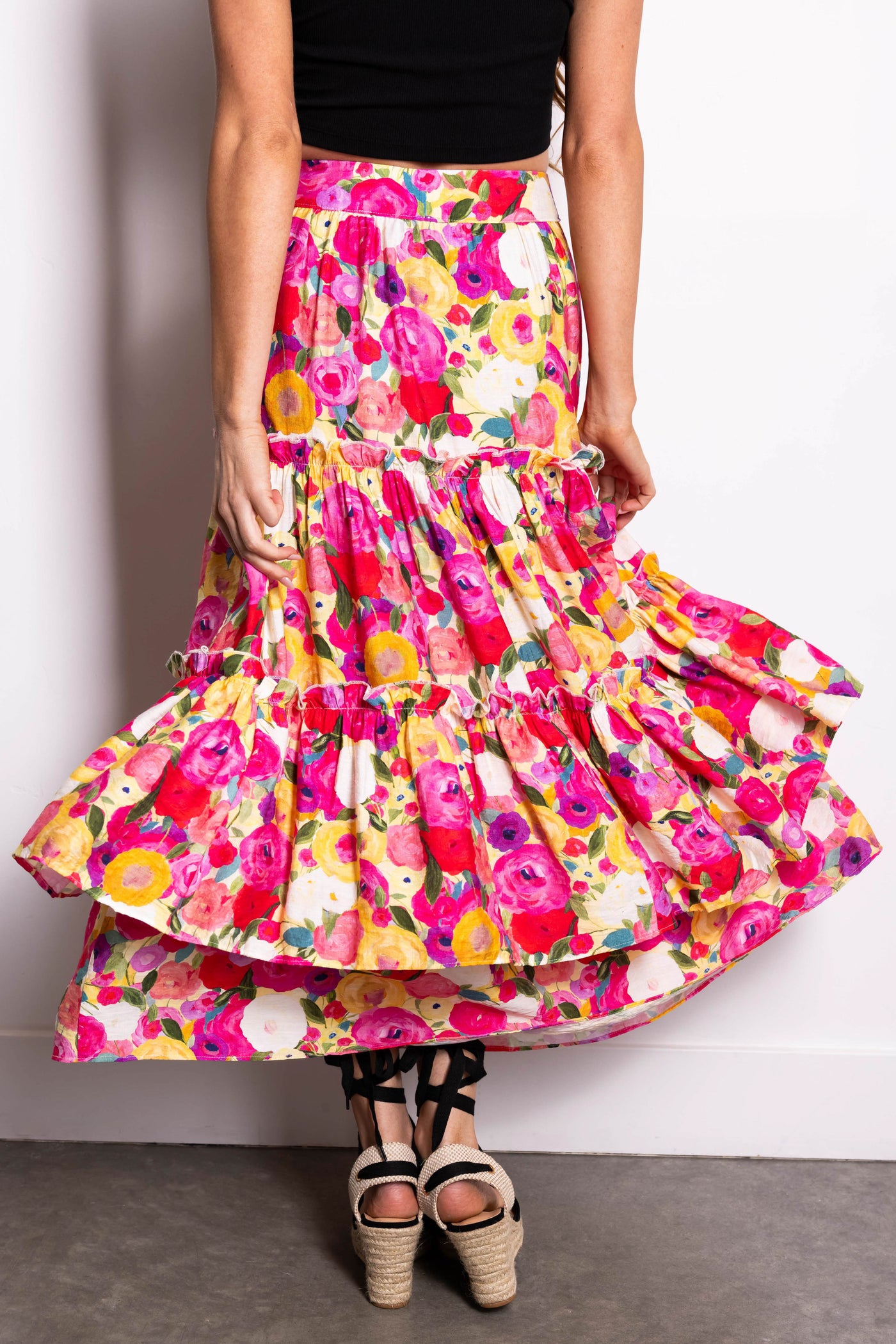 Raspberry Floral Print Tiered Maxi Skirt
