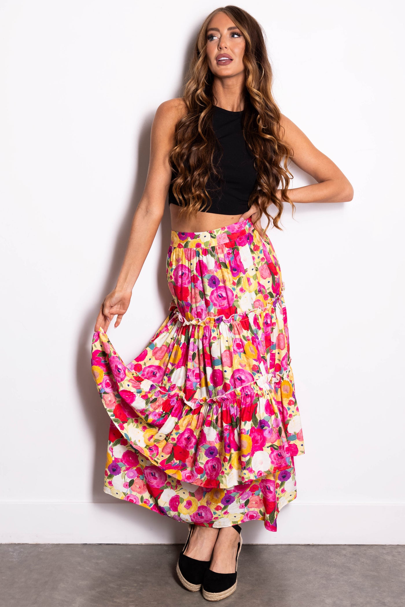 Raspberry Floral Print Tiered Maxi Skirt