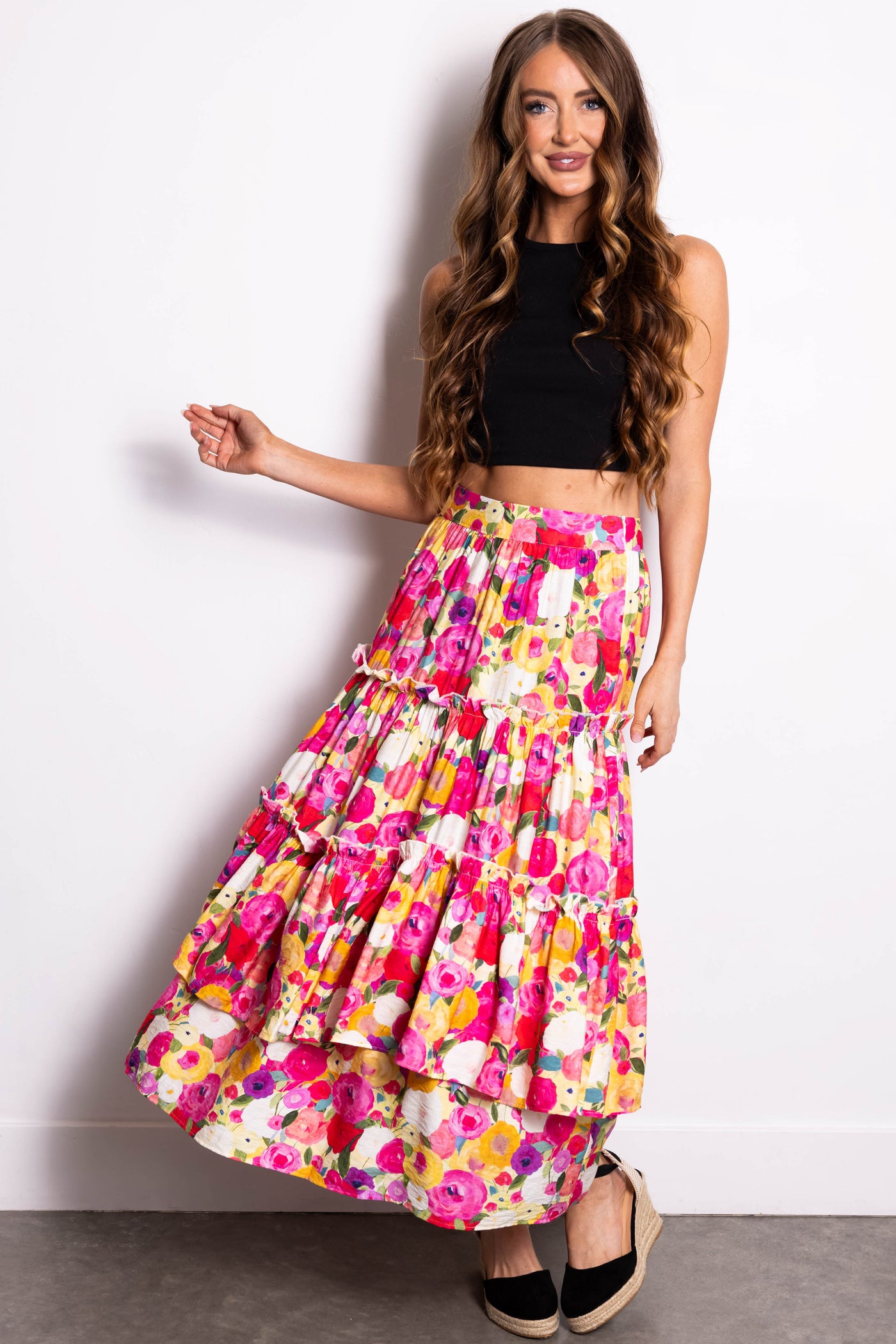 Raspberry Floral Print Tiered Maxi Skirt