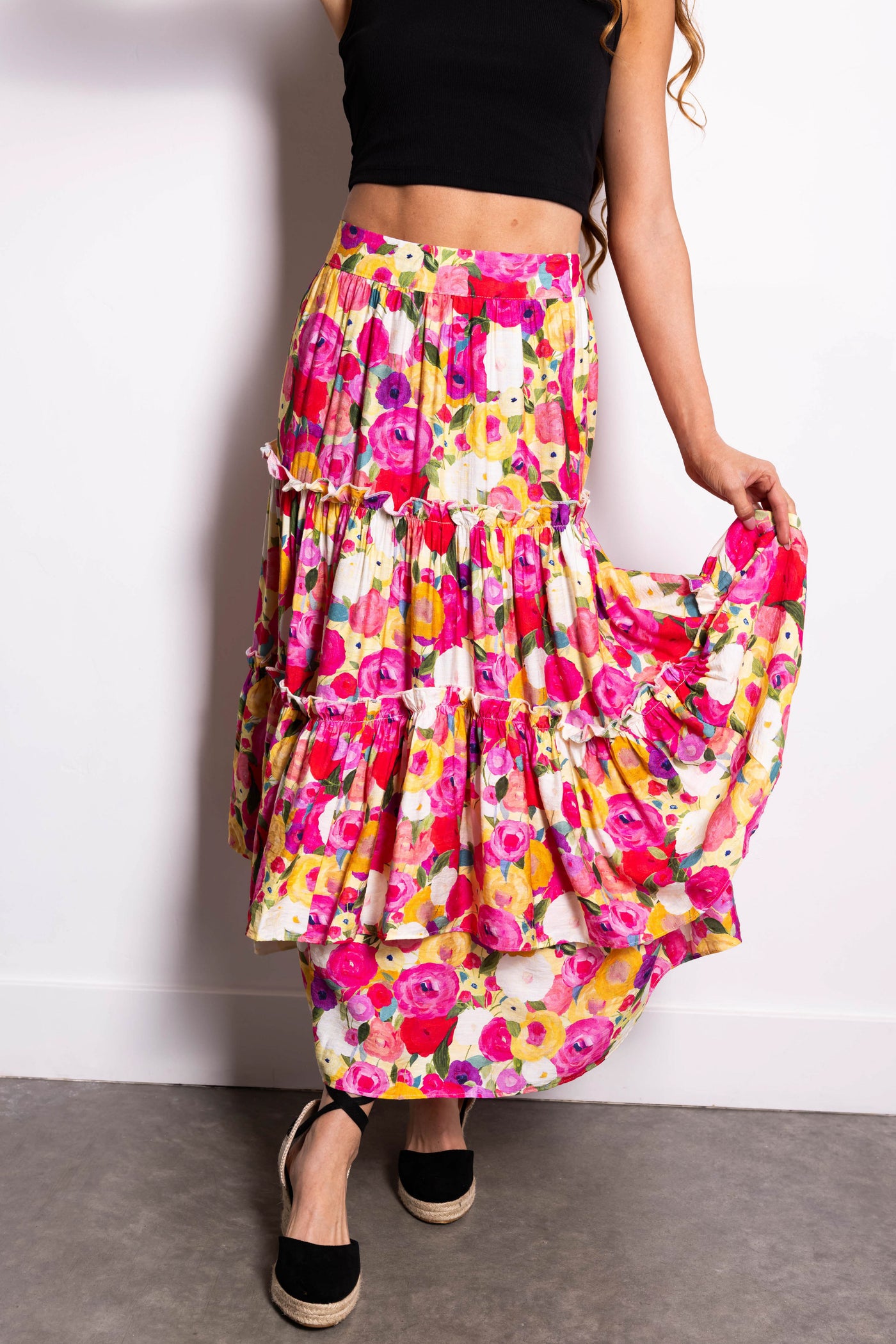 Raspberry Floral Print Tiered Maxi Skirt