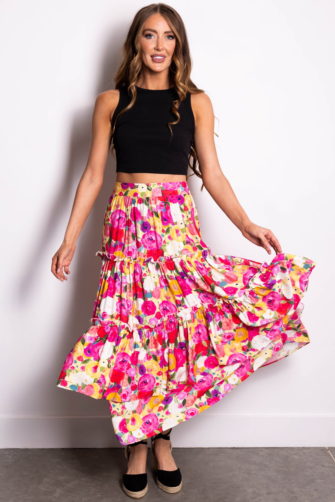 Raspberry Floral Print Tiered Maxi Skirt