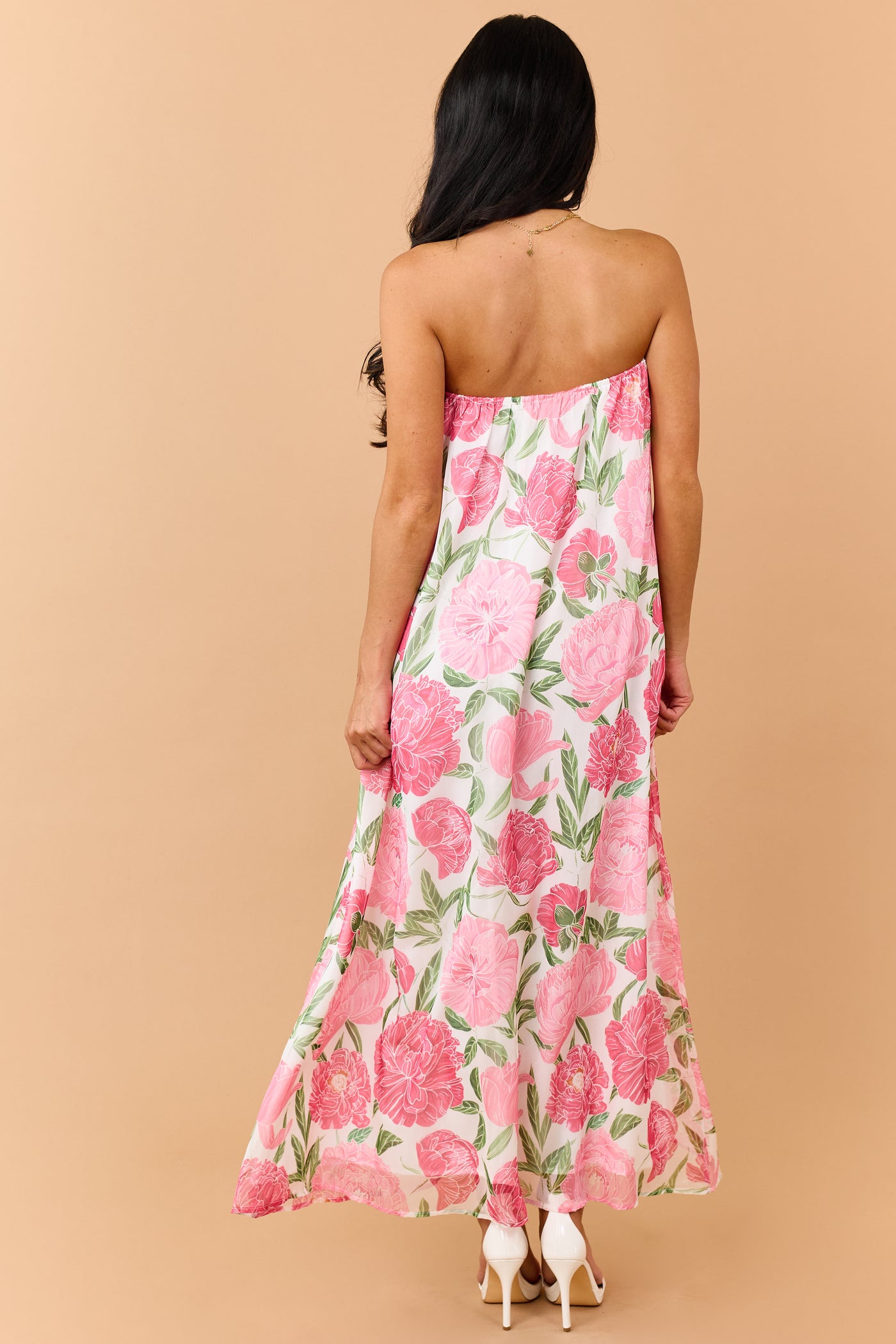 Raspberry Floral Print Waist Tie Strapless Maxi Dress