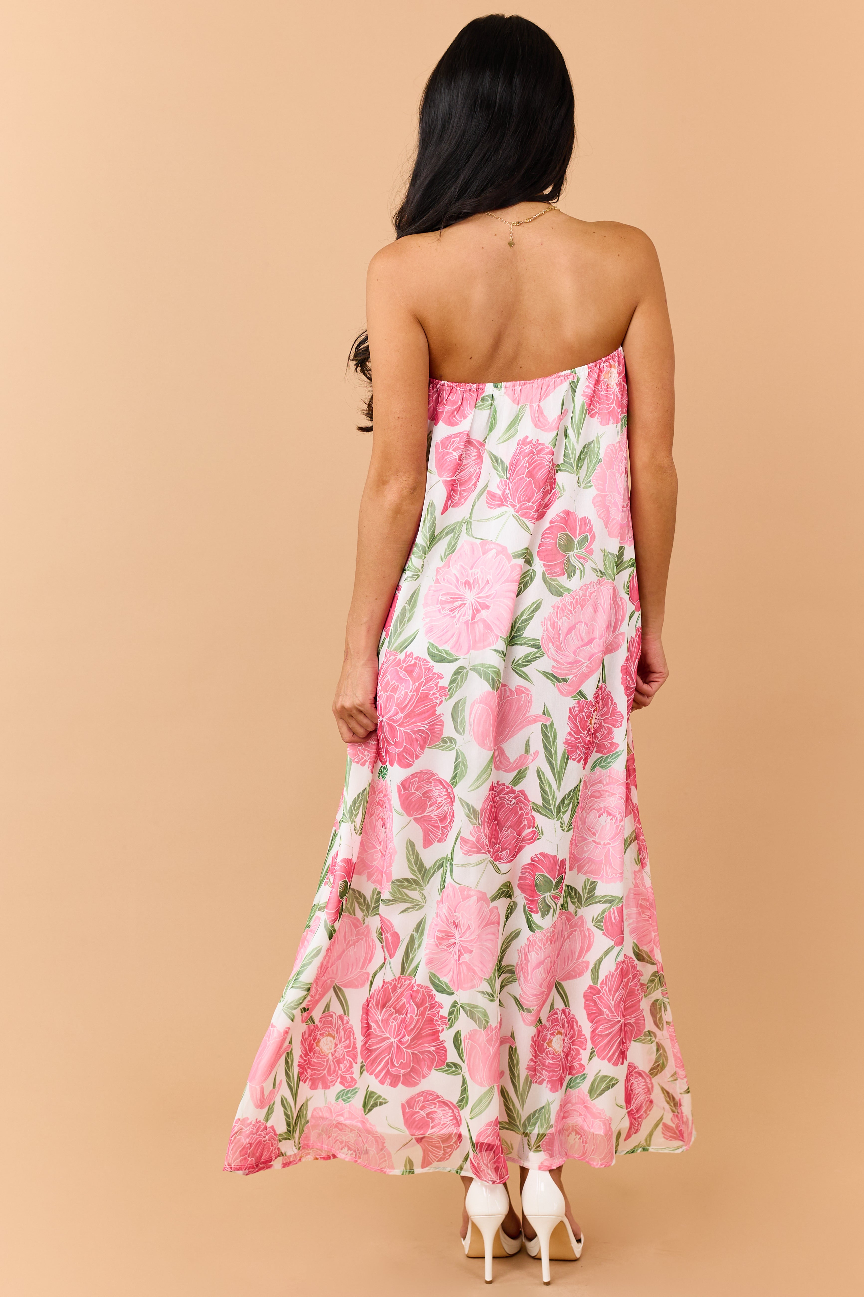 Raspberry Floral Print Waist Tie Strapless Maxi Dress