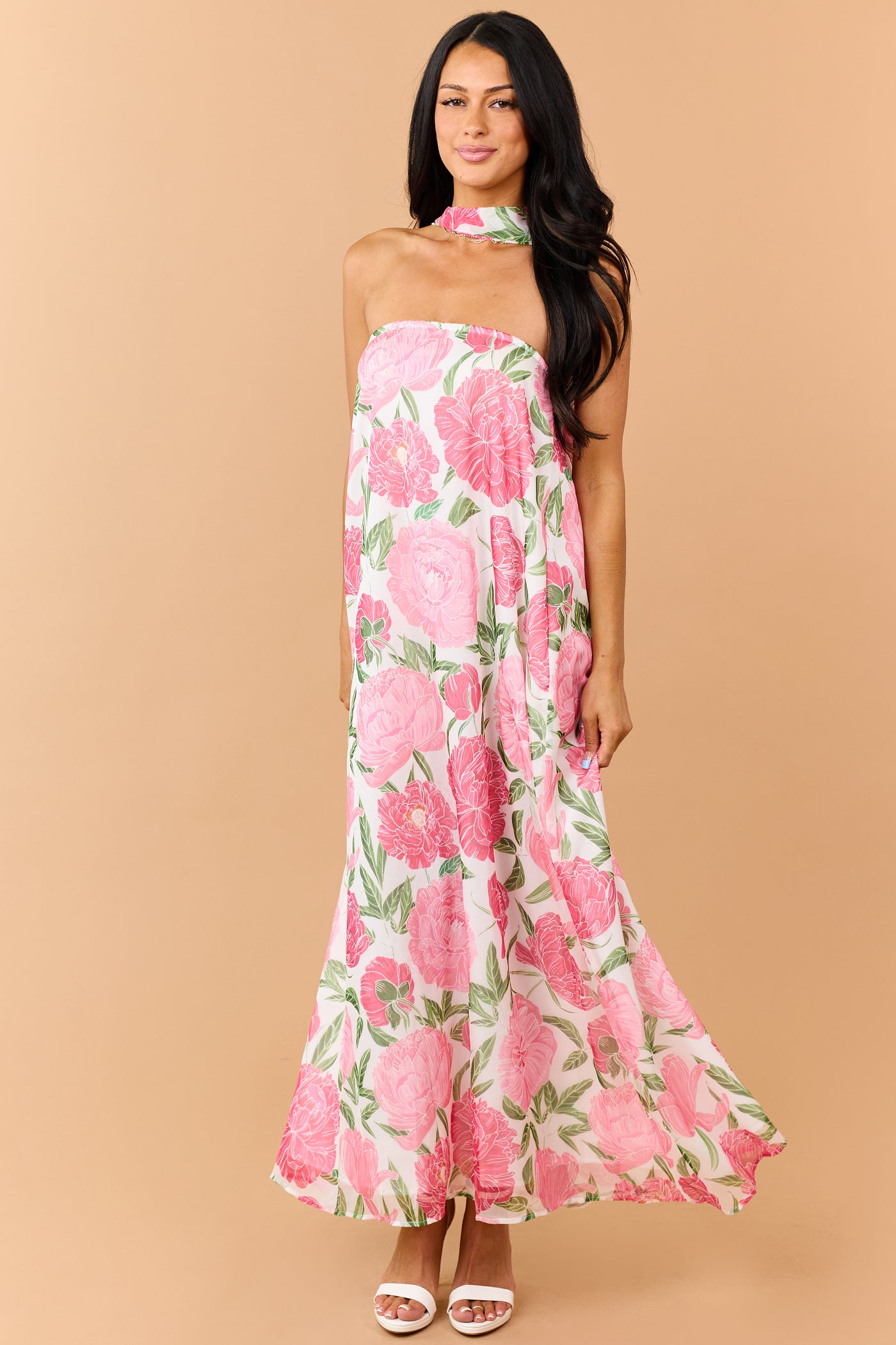 Raspberry Floral Print Waist Tie Strapless Maxi Dress