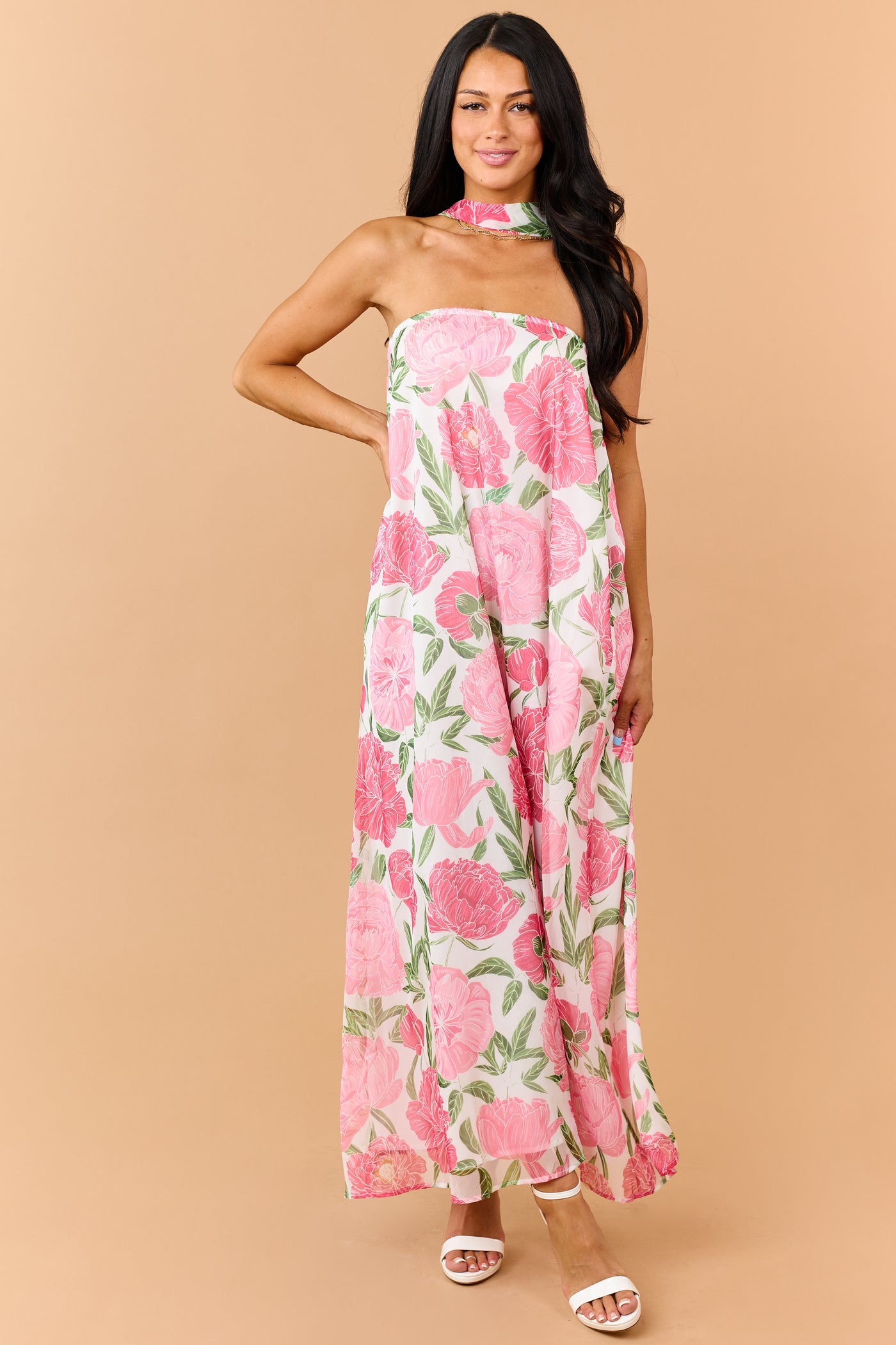 Raspberry Floral Print Waist Tie Strapless Maxi Dress