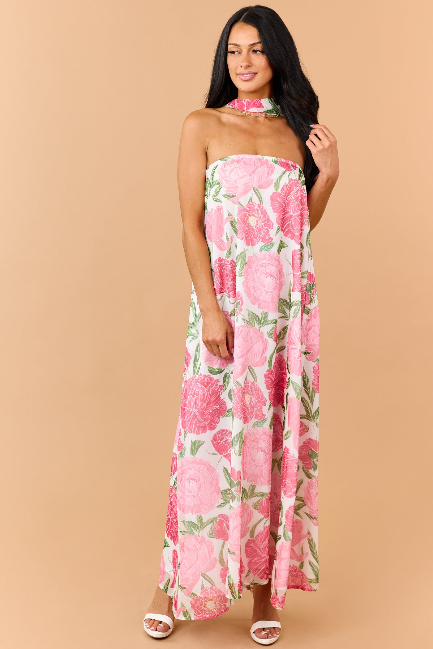 Raspberry Floral Print Waist Tie Strapless Maxi Dress