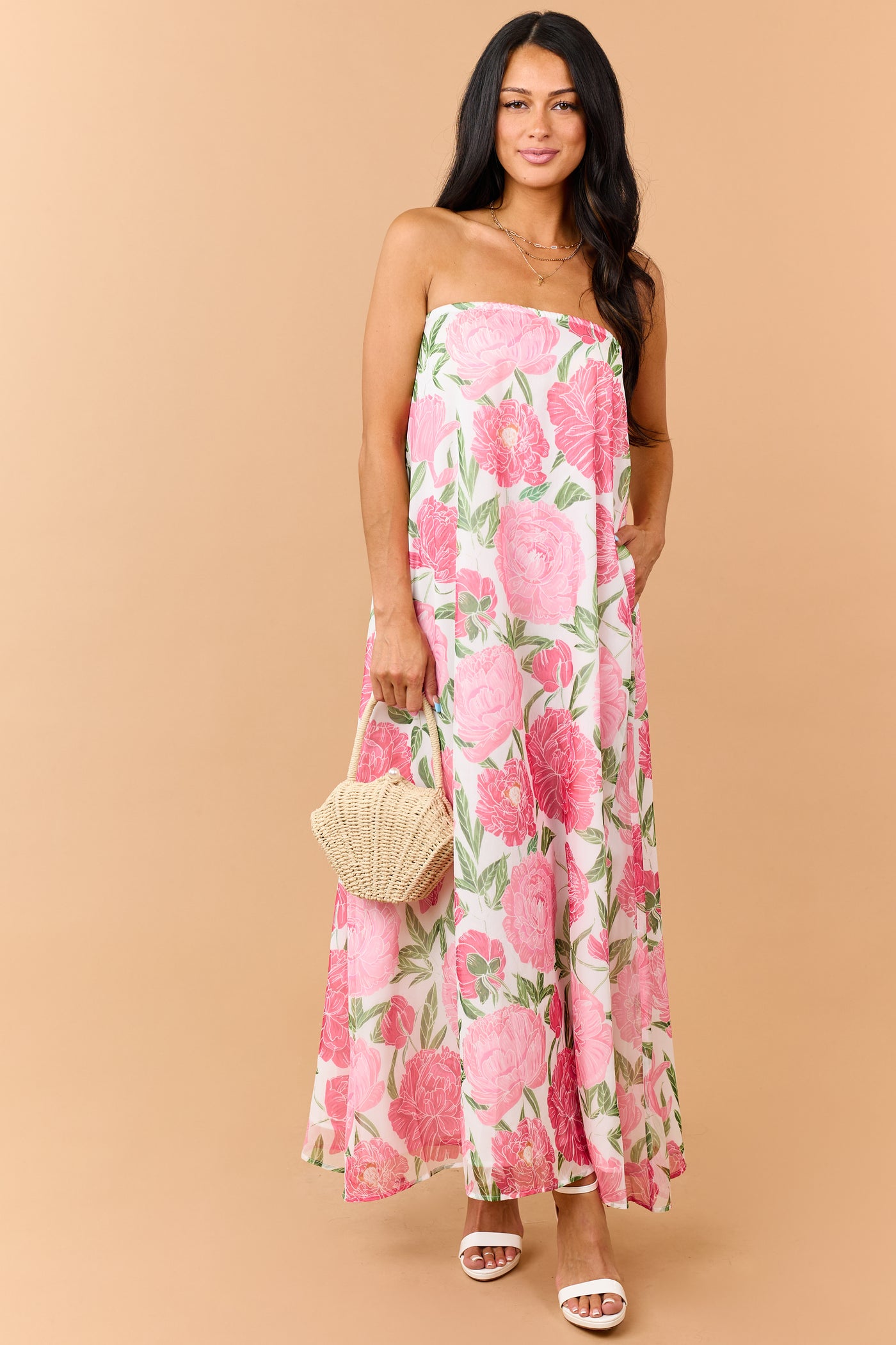 Raspberry Floral Print Waist Tie Strapless Maxi Dress