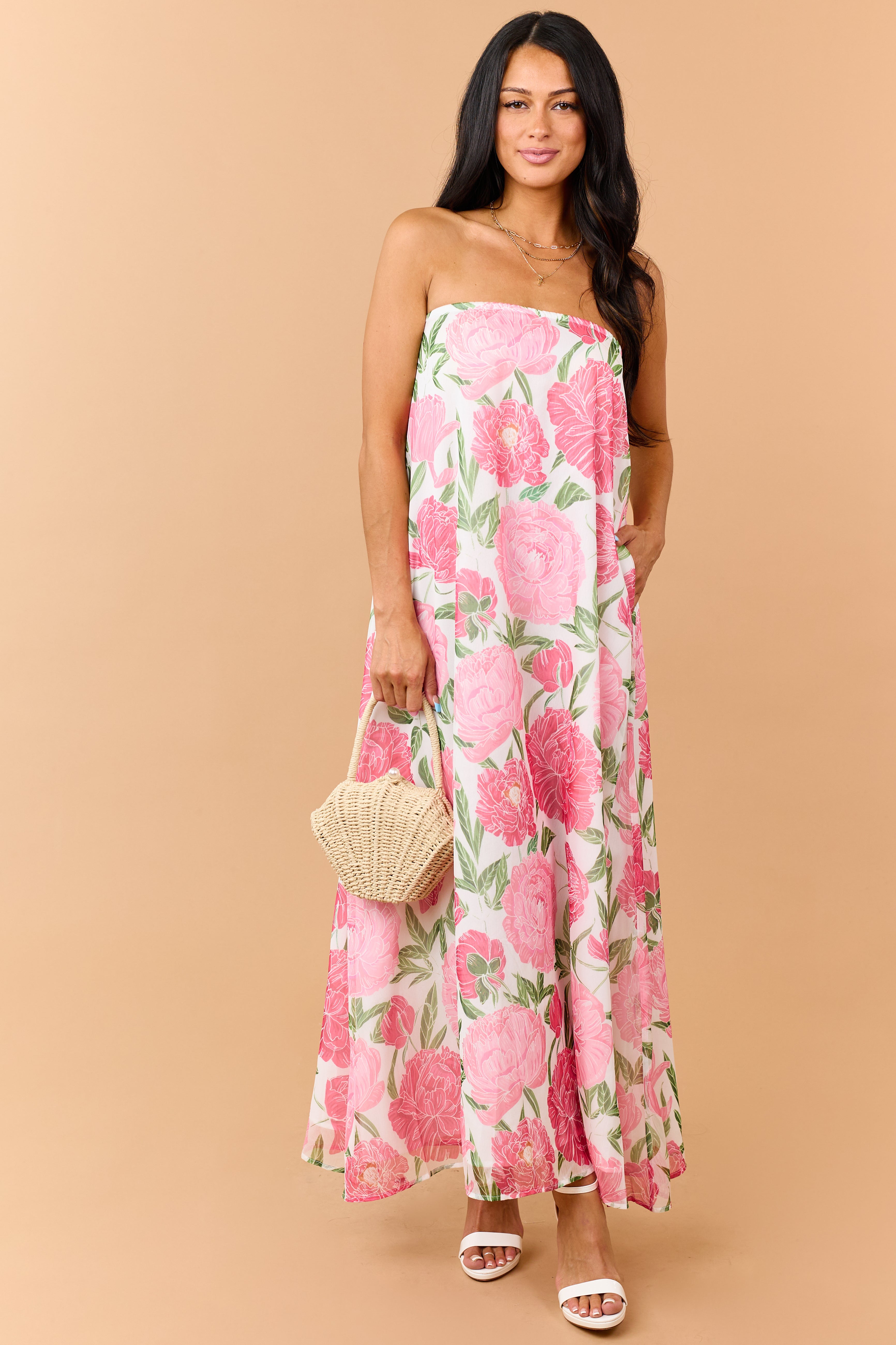 Raspberry Floral Print Waist Tie Strapless Maxi Dress