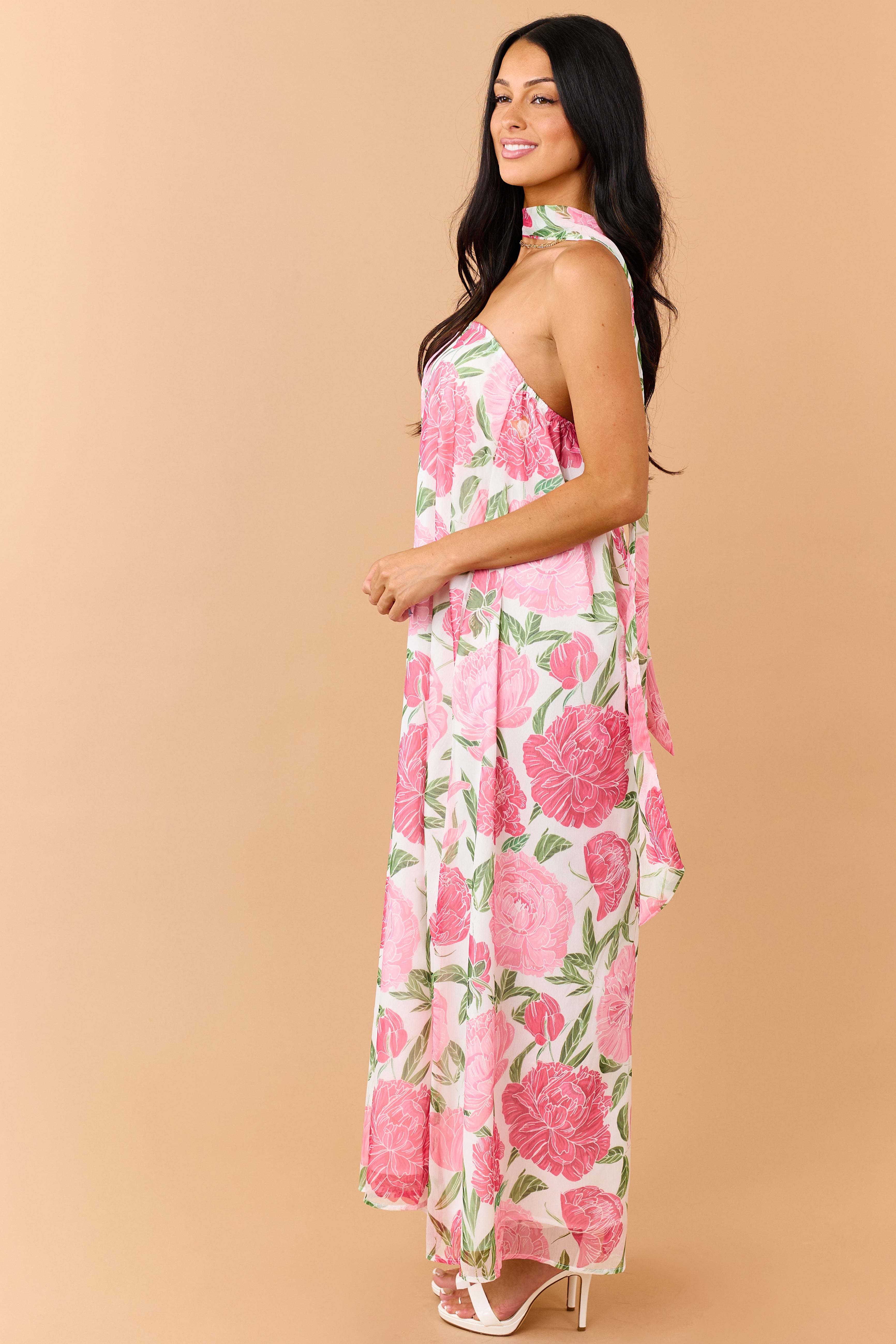 Raspberry Floral Print Waist Tie Strapless Maxi Dress