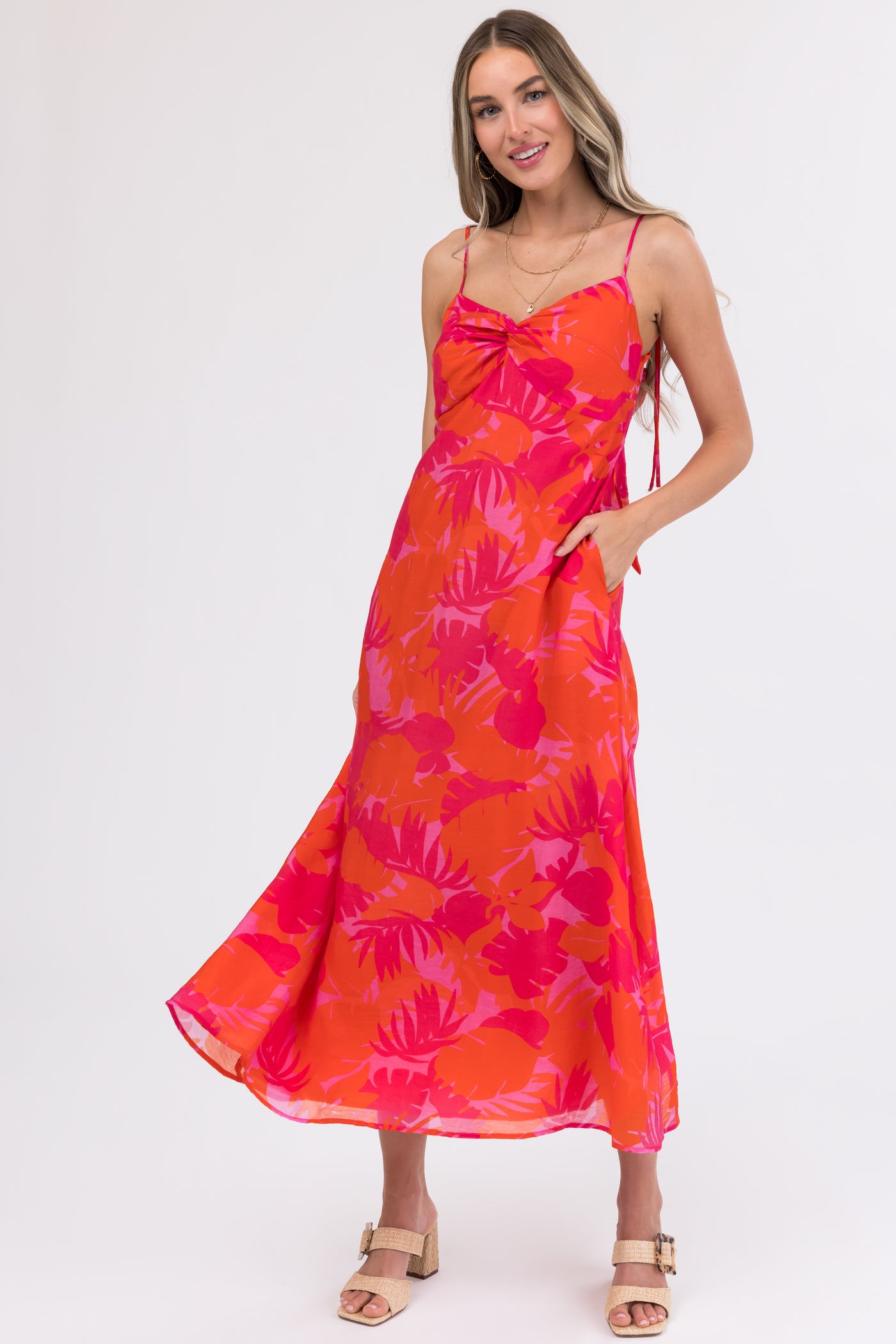 Raspberry Leaf Print Sleeveless Maxi Dress