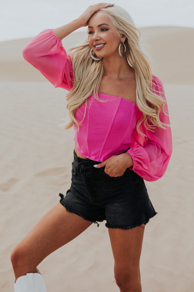 Raspberry Long Sleeve Square Neck Corset Top