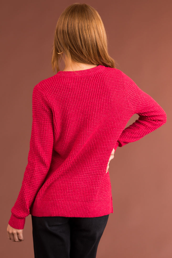 Raspberry Long Sleeve Waffle Knit Sweater