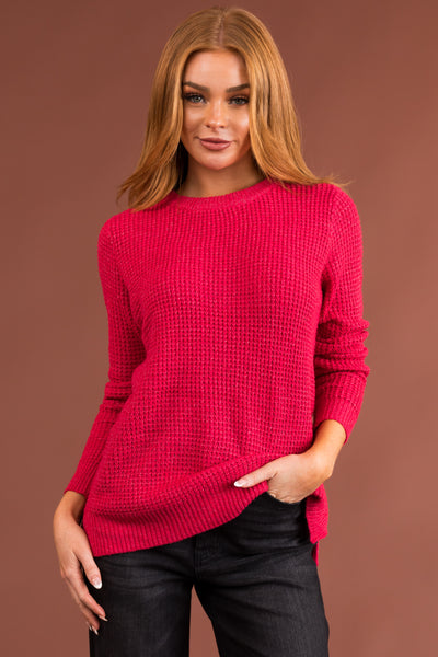 Raspberry Long Sleeve Waffle Knit Sweater