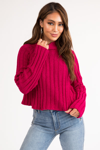 Raspberry Mock Neck Cropped Chenille Sweater
