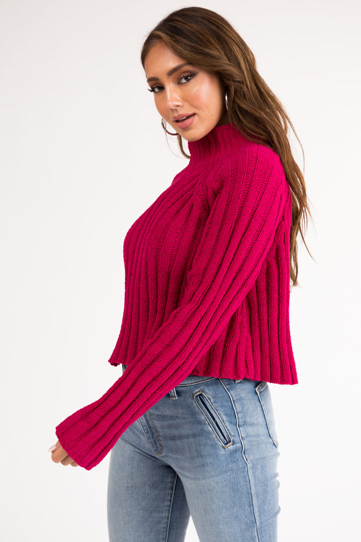 Raspberry Mock Neck Cropped Chenille Sweater