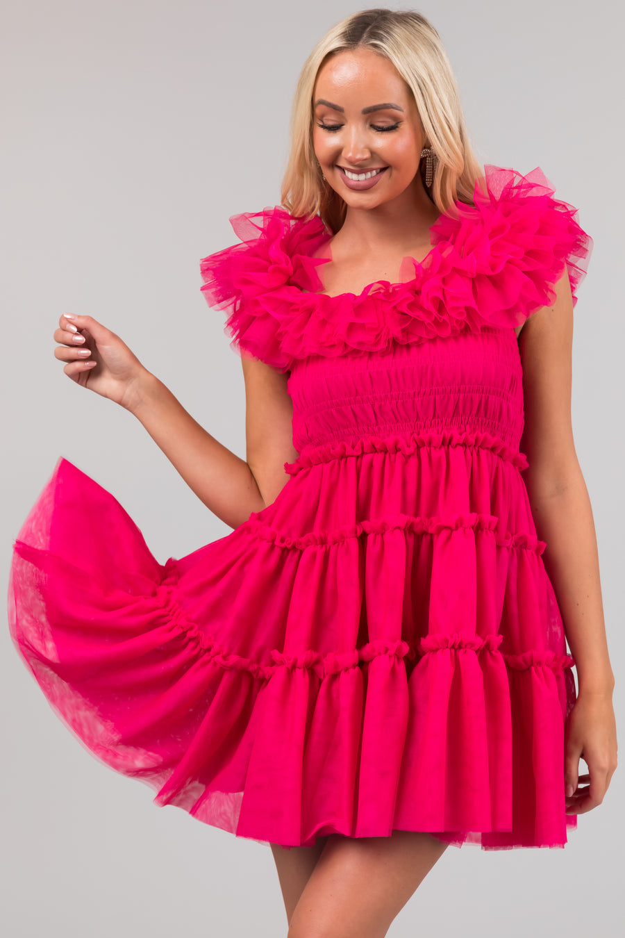 Raspberry Off the Shoulder Tiered Mini Dress