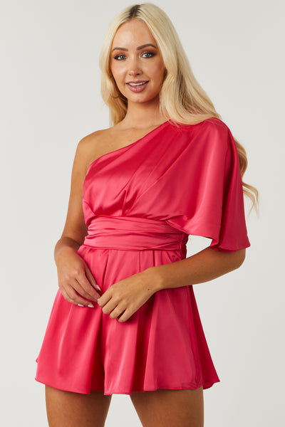 Raspberry One Shoulder Satin Romper