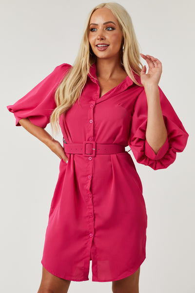 Raspberry Puff Sleeve Button Down Shirt Dress