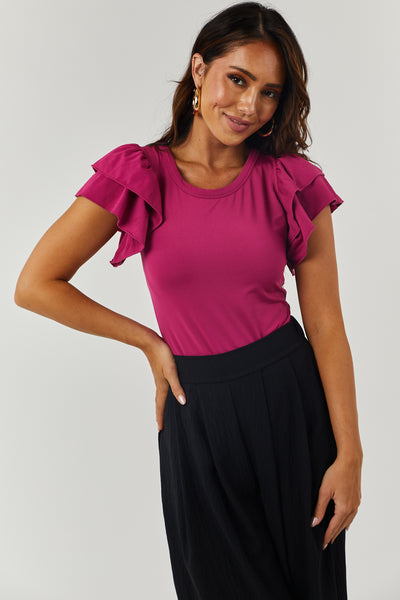 Raspberry Ruffle Sleeve Fleece Lined Bodysuit