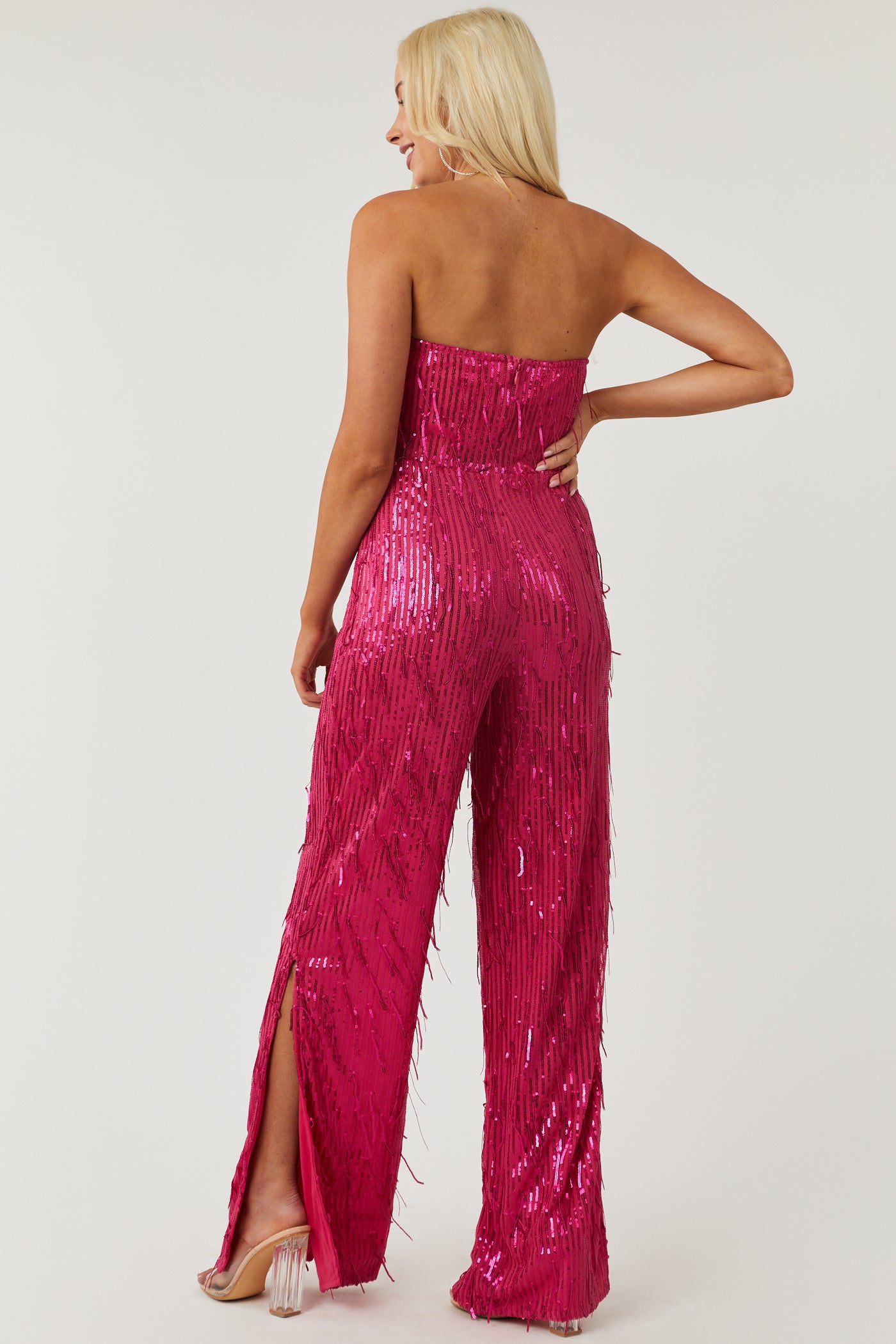 Raspberry Sequined Strapless Wide Leg Jumpsuit