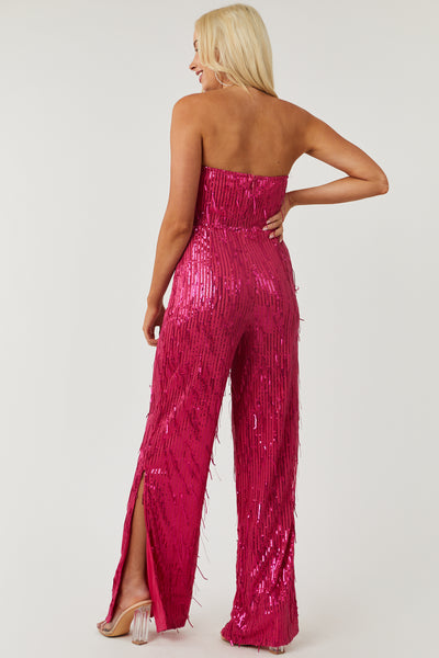 Raspberry Sequined Strapless Wide Leg Jumpsuit