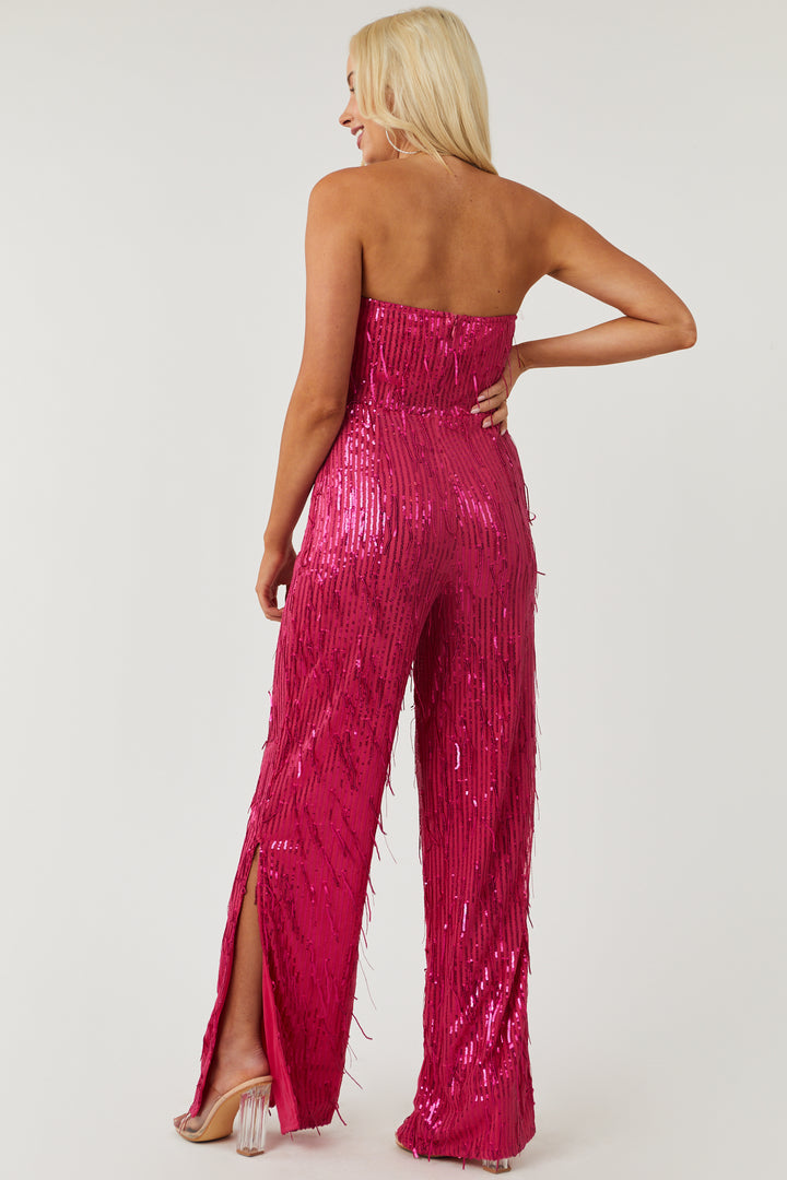 Raspberry Sequined Strapless Wide Leg Jumpsuit