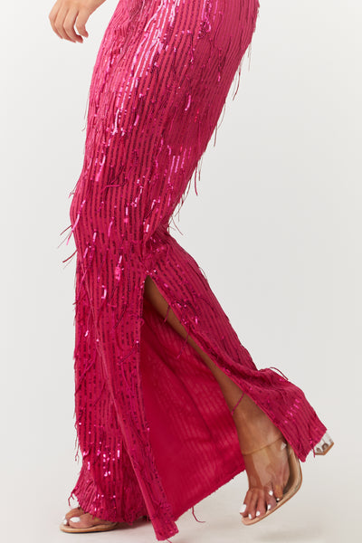 Raspberry Sequined Strapless Wide Leg Jumpsuit