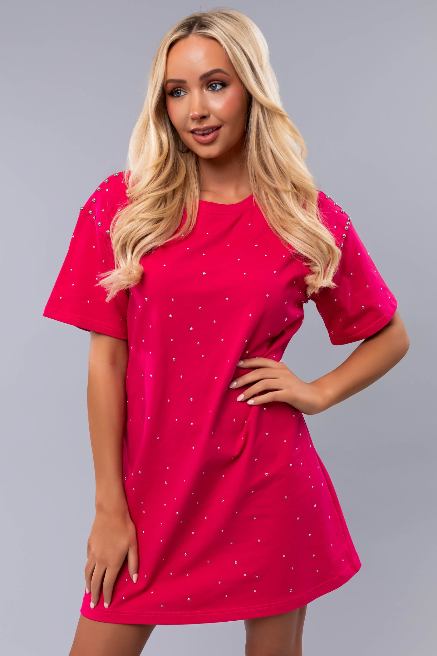 Raspberry Studded Short Sleeve Mini Dress