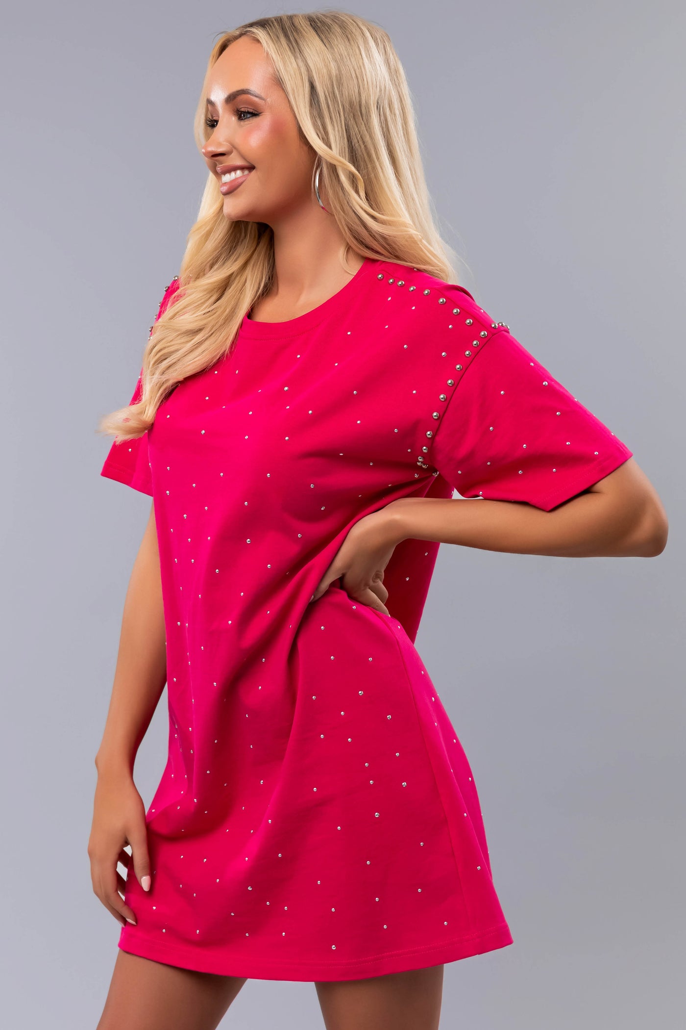 Raspberry Studded Short Sleeve Mini Dress