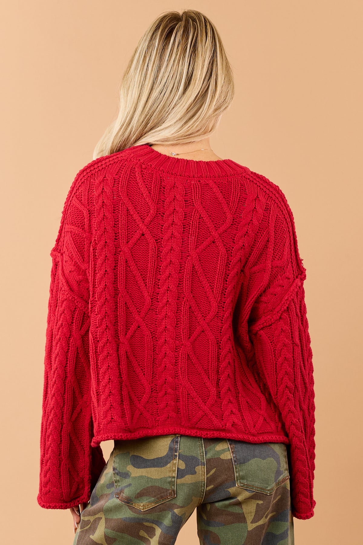 Red Cable Knit Rolled Trim Exposed Seam Sweater