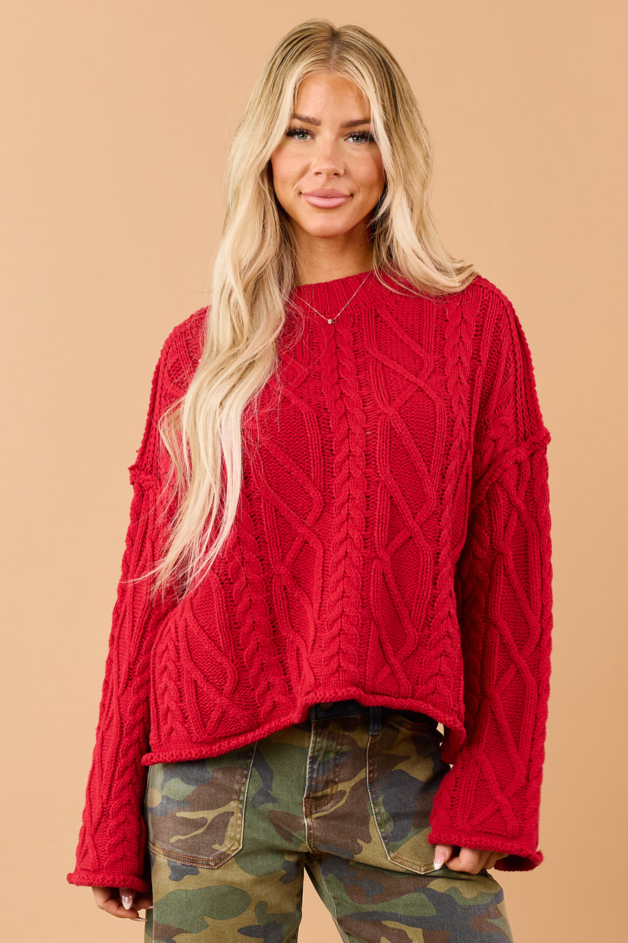 Red Cable Knit Rolled Trim Exposed Seam Sweater
