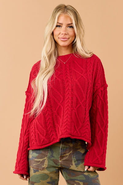 Red Cable Knit Rolled Trim Exposed Seam Sweater | Lime Lush Boutique